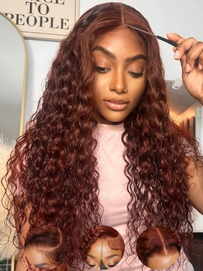 Julia Hair Water Wave Pre Everything Glueless Wig Reddish Brown 13x4 Pre Cut Lace Front Wigs Human Hair For Beginner Pre Bleached Bye Bye Knots Wig Pre Plucked Put on and Go Copper Red Color 16 Inch