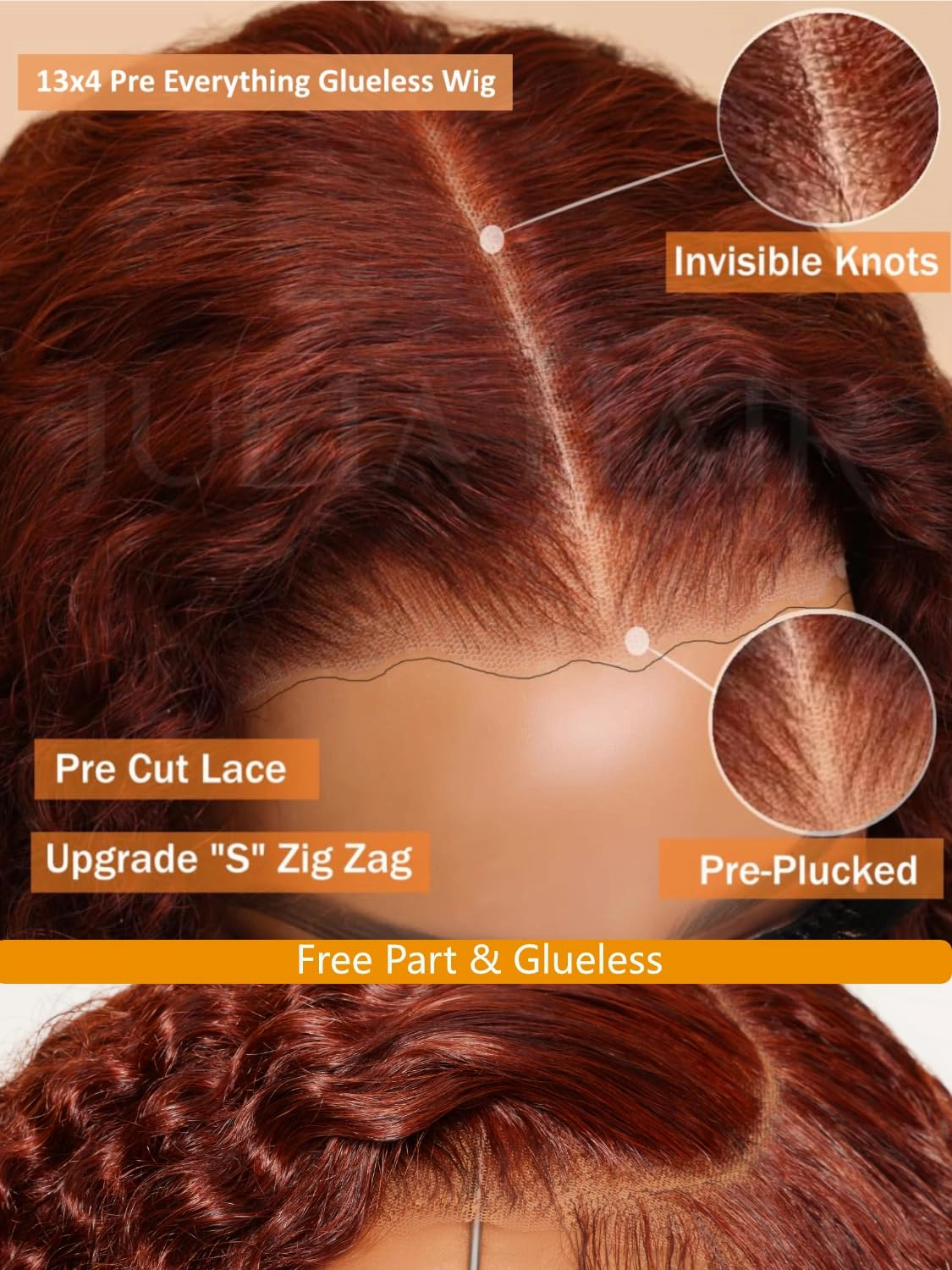 Julia Hair Water Wave Pre Everything Glueless Wig Reddish Brown 13x4 Pre Cut Lace Front Wigs Human Hair For Beginner Pre Bleached Bye Bye Knots Wig Pre Plucked Put on and Go Copper Red Color 16 Inch