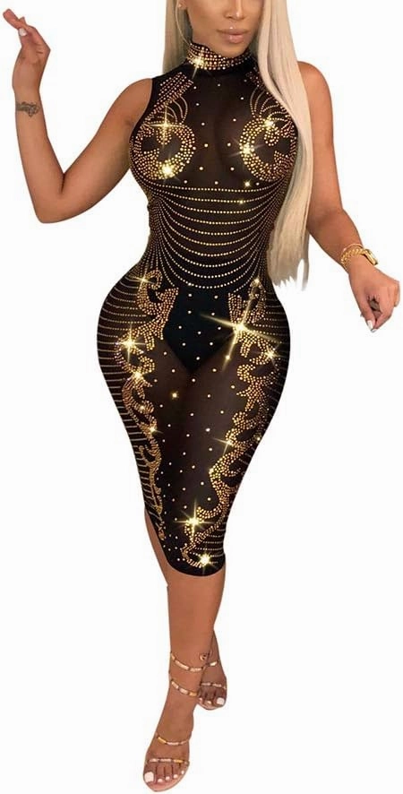 JUNBOON Women's Sexy Mesh See Through Rhinestone Bodycon Zipper Midi Dress Clubwear Outfit