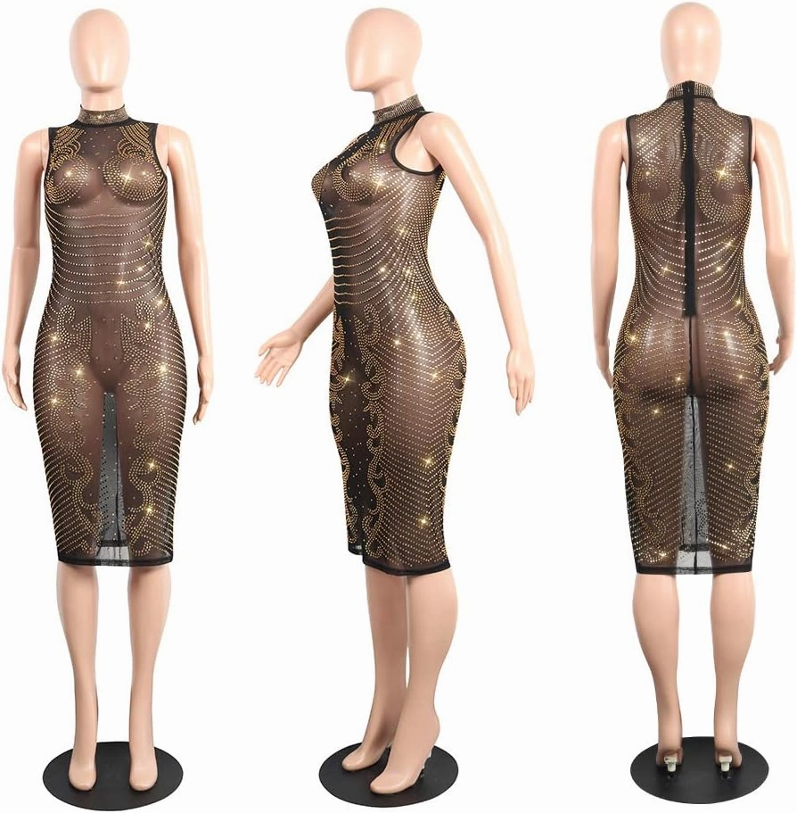 JUNBOON Women's Sexy Mesh See Through Rhinestone Bodycon Zipper Midi Dress Clubwear Outfit