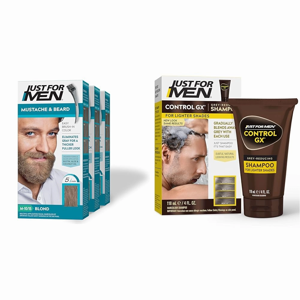Just For Men Mustache & Beard, Beard Dye for Men with Brush Included for Easy Application & Control GX Grey Reducing Shampoo for Lighter Shades of Hair, Blonde to Medium Brown
