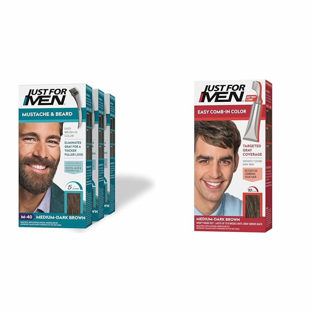 Just For Men Mustache & Beard, Beard Dye for Men with Brush Included for Easy Application, Medium-Dark Brown M-40, Biotin Aloe and Coconut Oil for Healthy Facial Hair, Pack of 3