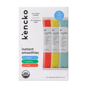 kencko Smoothie Mix Variety Pack - 20 Instant Breakfast Smoothies - 100% Organic Fruit And Vegetable Superfoods, Natural, Healthy Vegan, Gluten Free - Reds, Blues, Greens Powder Smoothie Mix Packets