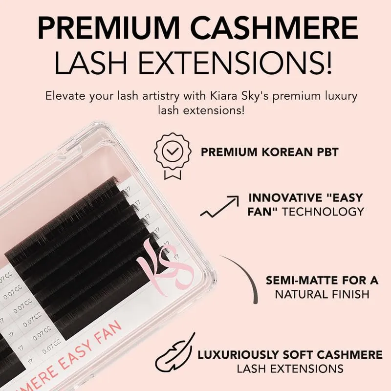 KIARA SKY LASH Premium Cashmere Easy Fan Lash Extensions | Soft Semi-matte natural finish | Fans like Butter | For Professional Eyelash Extensions Use Only | Black, (D-0.07-12MM)