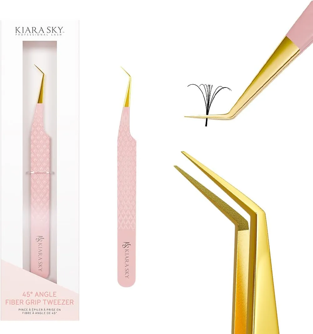 KIARA SKY LASH Tweezer for Eyelash Extensions | Precision Fiber Tip Grip | Volume, Mega Volume, and Lash Removal Fills | Comfortable Ergonomic Design | Pink and Gold, 45° ANGLE FIBER GRIP TWEEZER