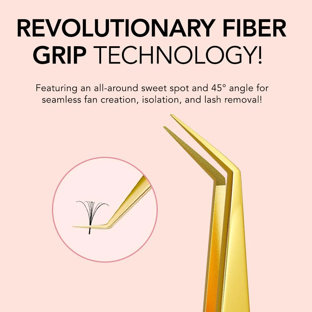 KIARA SKY LASH Tweezer for Eyelash Extensions | Precision Fiber Tip Grip | Volume, Mega Volume, and Lash Removal Fills | Comfortable Ergonomic Design | Pink and Gold, 45° ANGLE FIBER GRIP TWEEZER