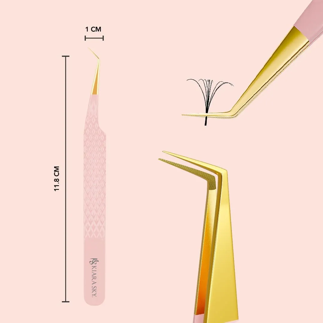 KIARA SKY LASH Tweezer for Eyelash Extensions | Precision Fiber Tip Grip | Volume, Mega Volume, and Lash Removal Fills | Comfortable Ergonomic Design | Pink and Gold, 45° ANGLE FIBER GRIP TWEEZER