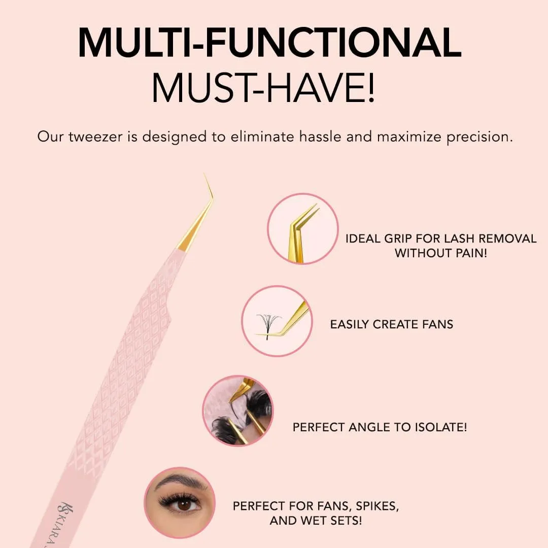 KIARA SKY LASH Tweezer for Eyelash Extensions | Precision Fiber Tip Grip | Volume, Mega Volume, and Lash Removal Fills | Comfortable Ergonomic Design | Pink and Gold, 45° ANGLE FIBER GRIP TWEEZER