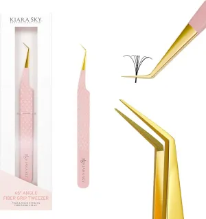 KIARA SKY LASH Tweezer for Eyelash Extensions | Precision Fiber Tip Grip | Volume, Mega Volume, and Lash Removal Fills | Comfortable Ergonomic Design | Pink and Gold, 45° ANGLE FIBER GRIP TWEEZER