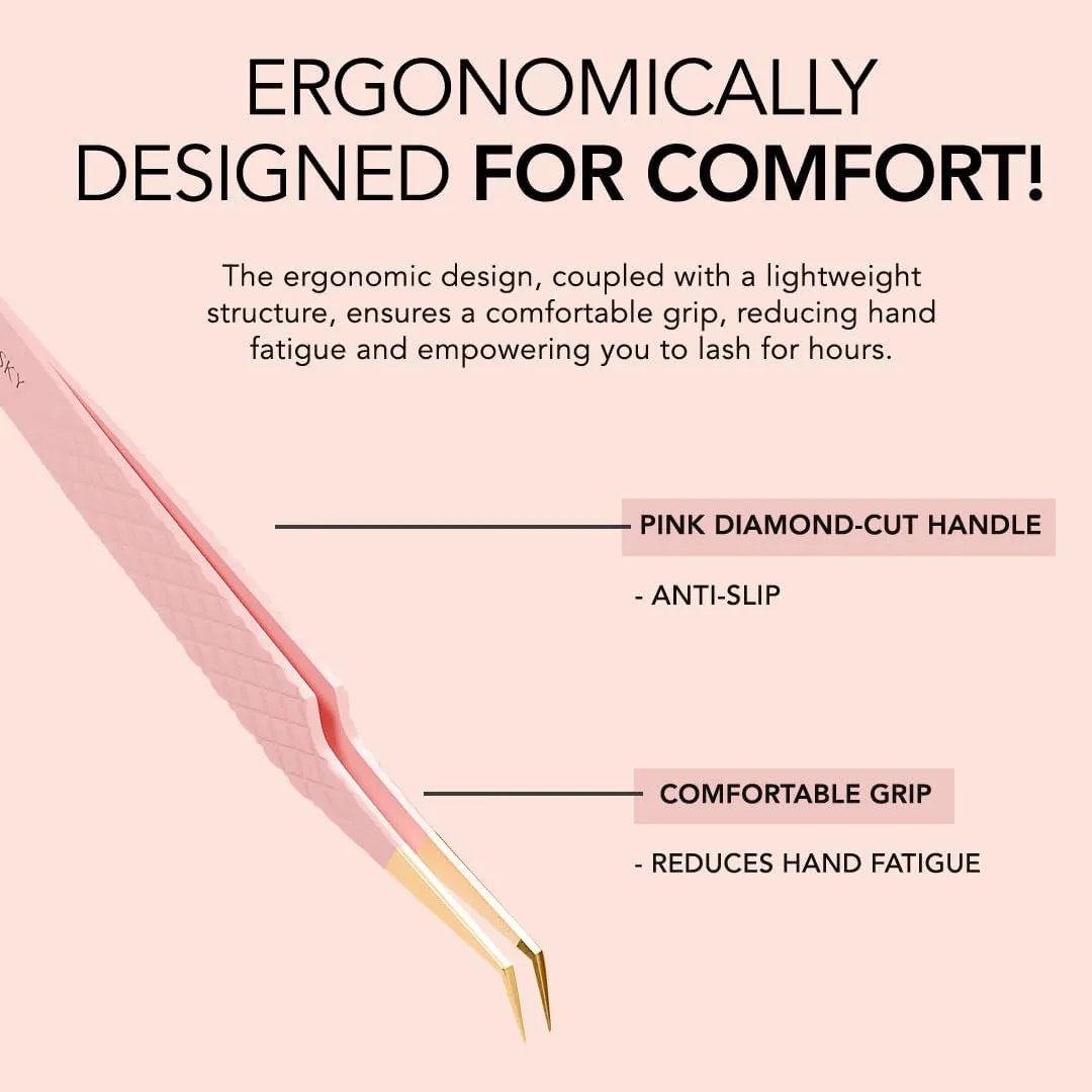 KIARA SKY LASH Tweezer for Eyelash Extensions | Precision Fiber Tip Grip | Volume, Mega Volume, and Lash Removal Fills | Comfortable Ergonomic Design | Pink and Gold, 45° ANGLE FIBER GRIP TWEEZER