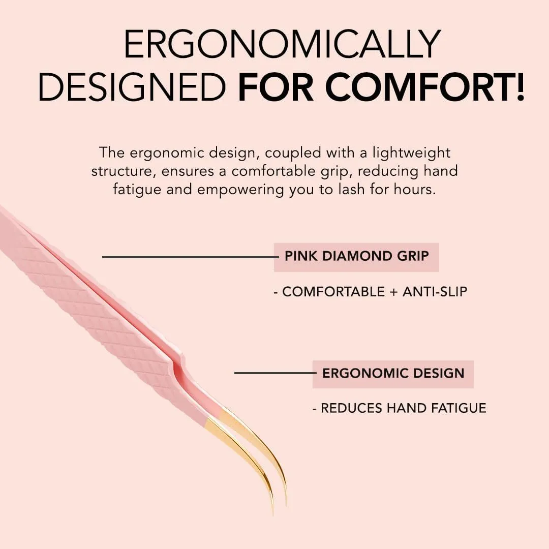 KIARA SKY LASH Tweezer for Eyelash Extensions | Precision Fiber Tip Grip | Volume, Mega Volume, and Lash Removal Fills | Comfortable Ergonomic Design | Pink and Gold, CURVE ISOLATOR TWEEZER