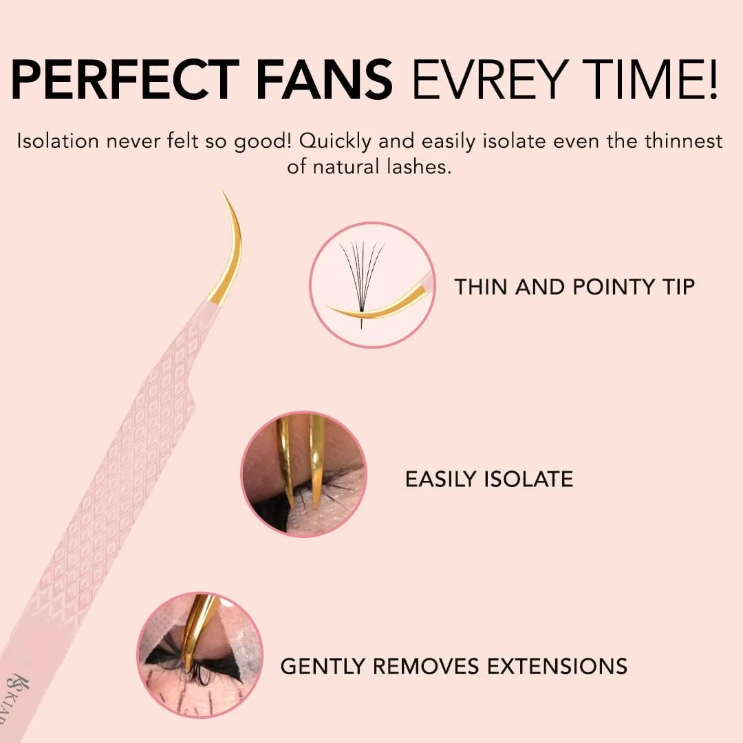 KIARA SKY LASH Tweezer for Eyelash Extensions | Precision Fiber Tip Grip | Volume, Mega Volume, and Lash Removal Fills | Comfortable Ergonomic Design | Pink and Gold, CURVE ISOLATOR TWEEZER