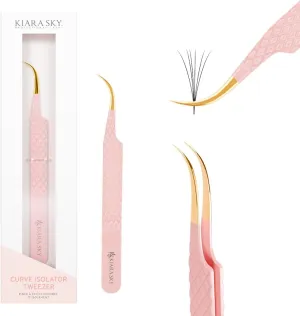 KIARA SKY LASH Tweezer for Eyelash Extensions | Precision Fiber Tip Grip | Volume, Mega Volume, and Lash Removal Fills | Comfortable Ergonomic Design | Pink and Gold, CURVE ISOLATOR TWEEZER