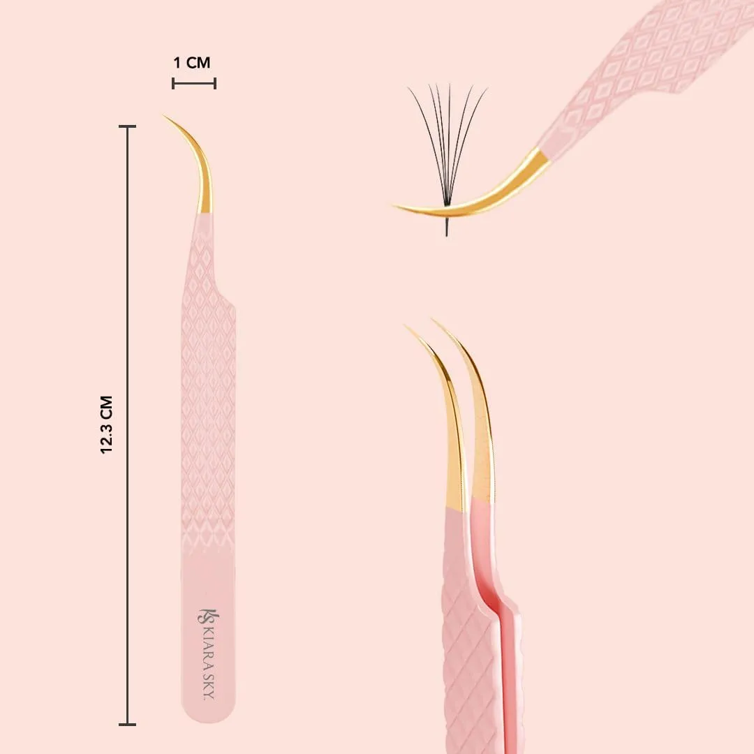 KIARA SKY LASH Tweezer for Eyelash Extensions | Precision Fiber Tip Grip | Volume, Mega Volume, and Lash Removal Fills | Comfortable Ergonomic Design | Pink and Gold, CURVE ISOLATOR TWEEZER