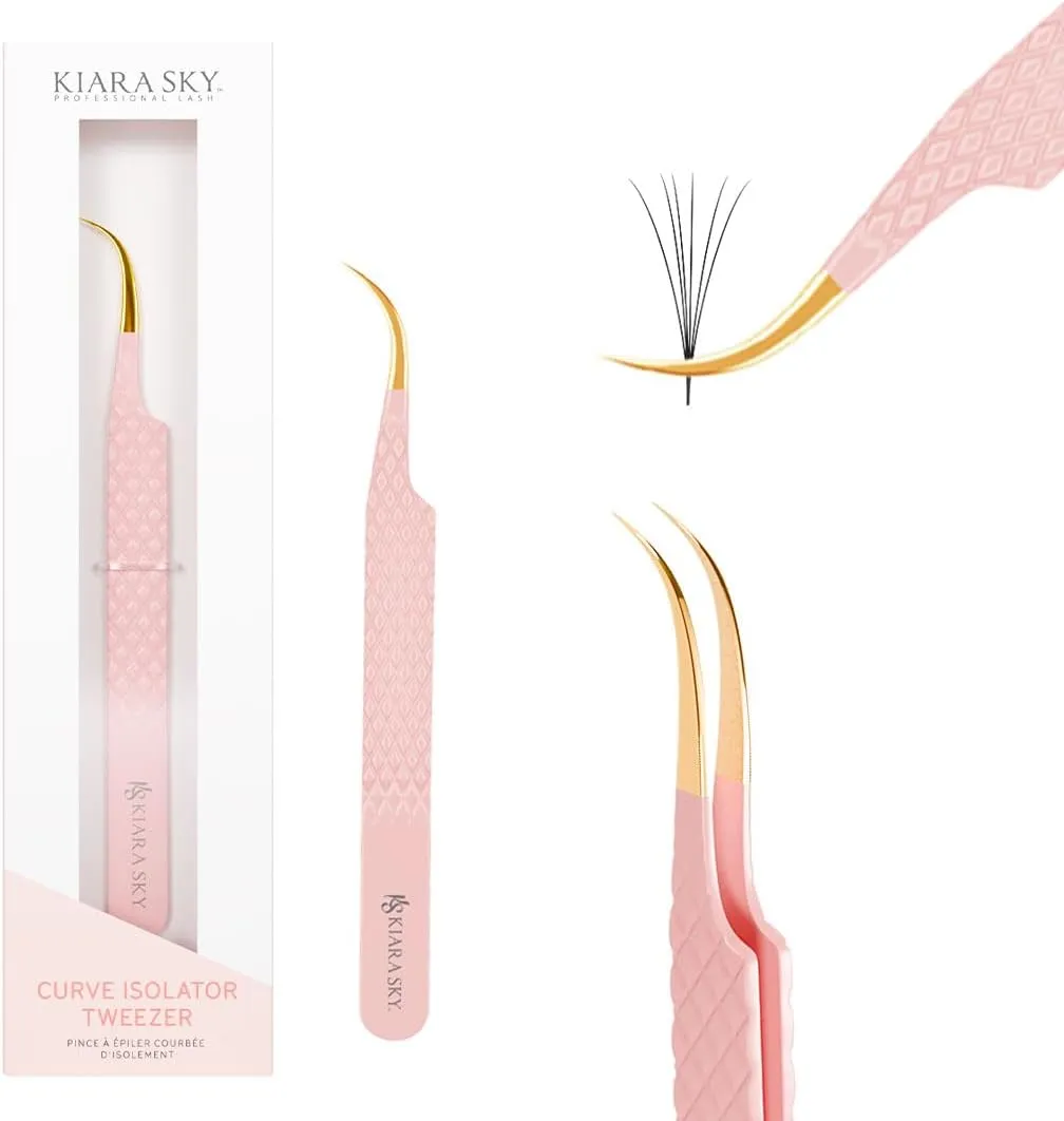 KIARA SKY LASH Tweezer for Eyelash Extensions | Precision Fiber Tip Grip | Volume, Mega Volume, and Lash Removal Fills | Comfortable Ergonomic Design | Pink and Gold, CURVE ISOLATOR TWEEZER