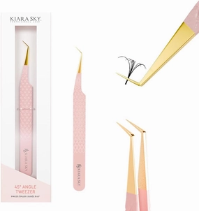 KIARA SKY LASH Tweezer for Eyelash Extensions | Precision Fiber Tip Grip | Volume, Mega Volume, and Lash Removal Fills | Comfortable Ergonomic Design | Pink and Gold, 45° ANGLE TWEEZER