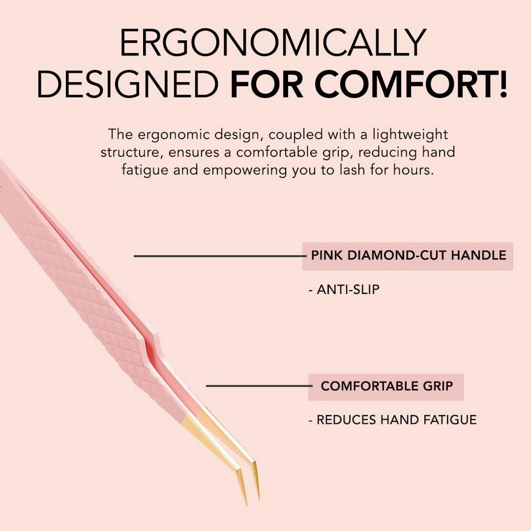 KIARA SKY LASH Tweezer for Eyelash Extensions | Precision Fiber Tip Grip | Volume, Mega Volume, and Lash Removal Fills | Comfortable Ergonomic Design | Pink and Gold, 45° ANGLE TWEEZER