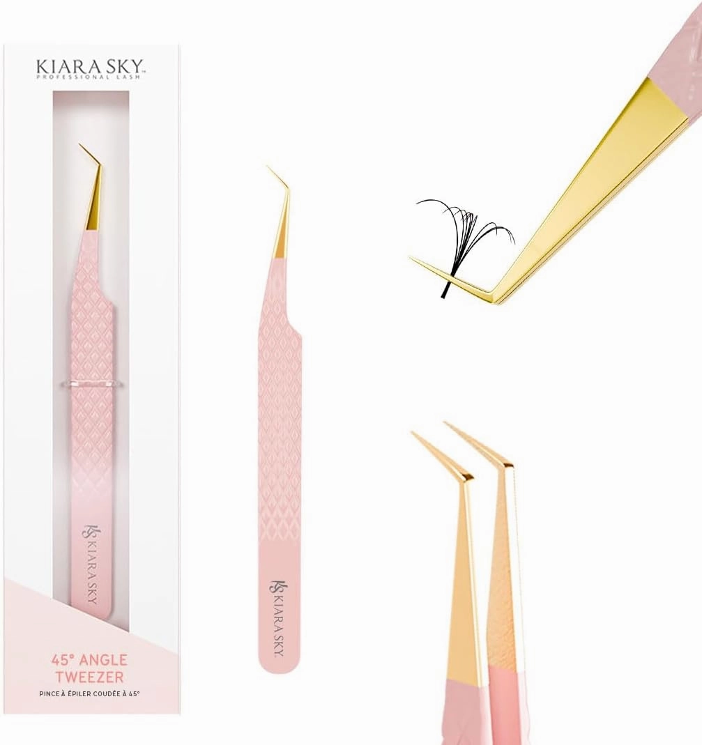 KIARA SKY LASH Tweezer for Eyelash Extensions | Precision Fiber Tip Grip | Volume, Mega Volume, and Lash Removal Fills | Comfortable Ergonomic Design | Pink and Gold, 45° ANGLE TWEEZER