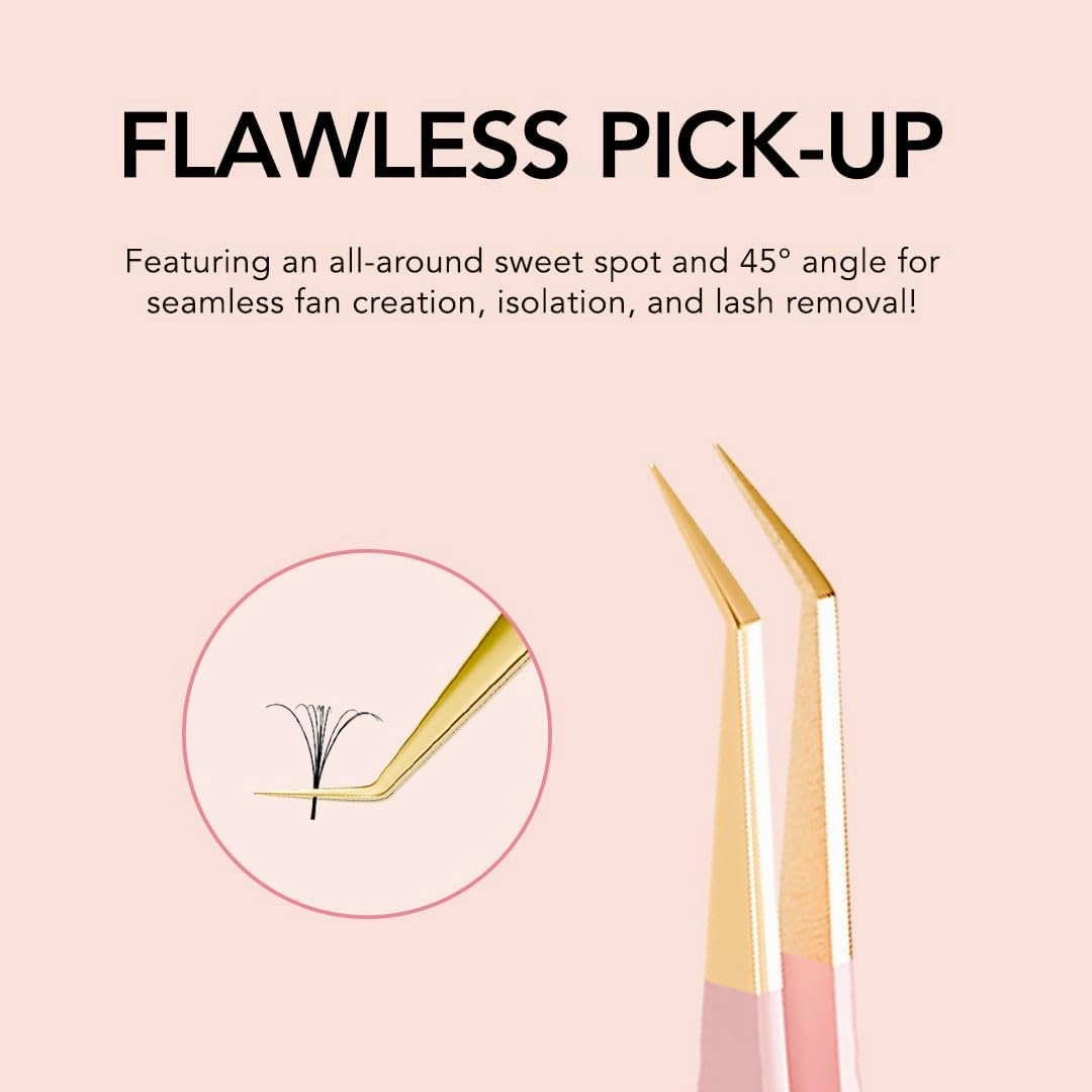 KIARA SKY LASH Tweezer for Eyelash Extensions | Precision Fiber Tip Grip | Volume, Mega Volume, and Lash Removal Fills | Comfortable Ergonomic Design | Pink and Gold, 45° ANGLE TWEEZER