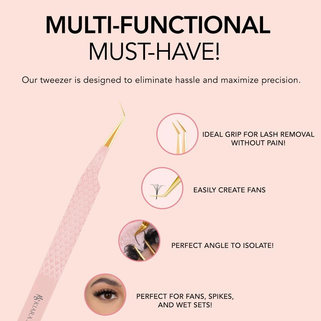 KIARA SKY LASH Tweezer for Eyelash Extensions | Precision Fiber Tip Grip | Volume, Mega Volume, and Lash Removal Fills | Comfortable Ergonomic Design | Pink and Gold, 45° ANGLE TWEEZER