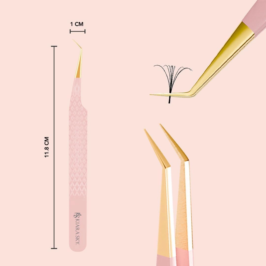 KIARA SKY LASH Tweezer for Eyelash Extensions | Precision Fiber Tip Grip | Volume, Mega Volume, and Lash Removal Fills | Comfortable Ergonomic Design | Pink and Gold, 45° ANGLE TWEEZER