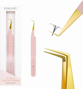 KIARA SKY LASH Tweezer for Eyelash Extensions | Precision Fiber Tip Grip | Volume, Mega Volume, and Lash Removal Fills | Comfortable Ergonomic Design | Pink and Gold, 90° ANGLE FIBER GRIP TWEEZER