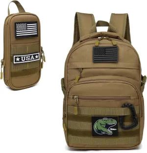 Kids Tactical Backpack Military Boys Backpack for School, Outdoor, Camping & Expandable Pencil Case Portable Stationery Bag Marker Pen Case, Brown
