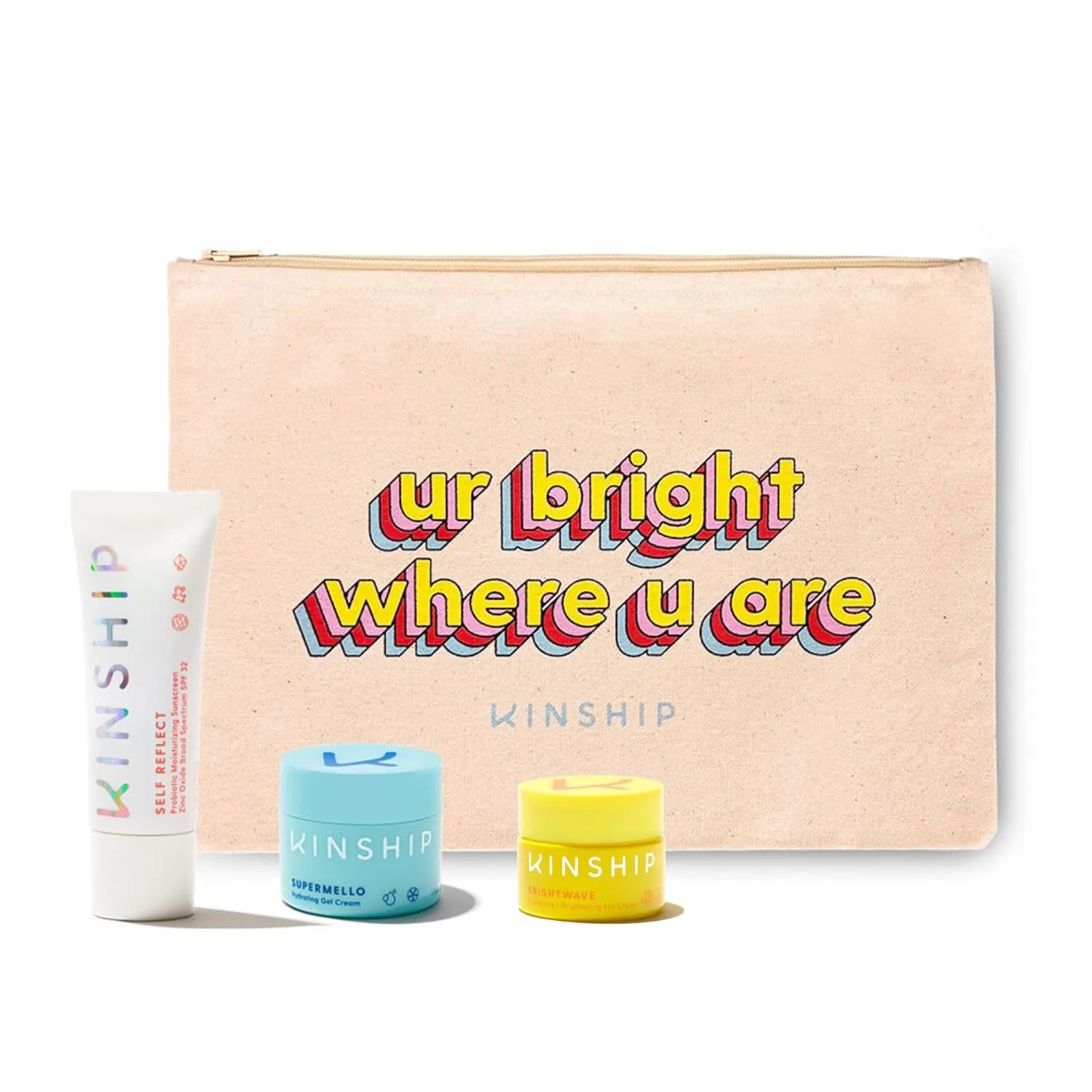 Kinship Gift Bundle - Self Reflect SPF, Supermello Moisturizer, Brightwave Vitamin C Eye Cream   Cosmetic Bag - 100% Mineral Sunscreen, Gel Cream   Hyaluronic Acid, Reduce Fine Lines   Under Eye Bags