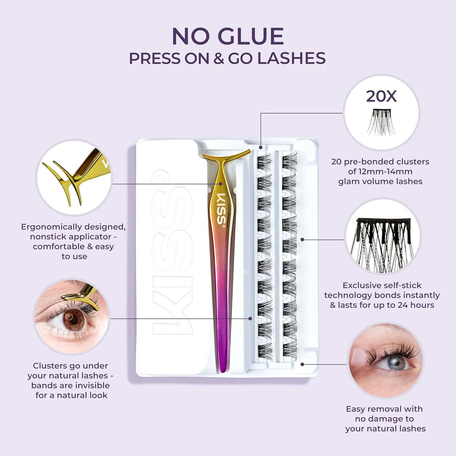 KISS imPRESS Falsies False Eyelashes, Lash Clusters, 'Voluminous', 14 mm, Includes 20 Clusters, 1 applicator, Contact Lens Friendly, Easy to Apply, Reusable Strip Lashes