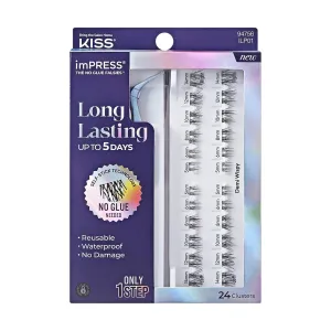 KISS imPRESS Falsies Long Lasting Self Adhesive Eyelashes, ‘Demi Wispy’, 5 Day Extended Wear, 24 Light Volume Lash Clusters (5,6,8,10,12, & 14mm), Precision Non-Stick Applicator