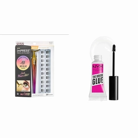 KISS imPRESS Falsies False Eyelashes, 12 mm, 20 Clusters & NYX PROFESSIONAL MAKEUP The Brow Glue, Extreme Hold Eyebrow Gel