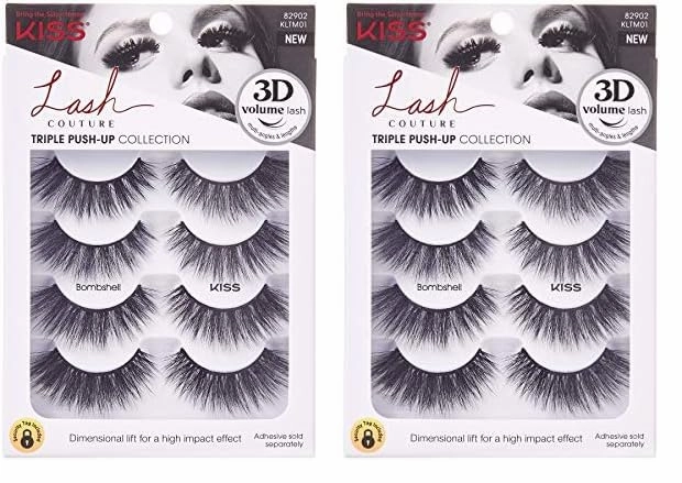 KISS Lash Couture Triple Push-Up False Eyelashes, Bombshell', 14 mm, Includes 4 Pairs Of Lashes, Contact Lens Friendly, Easy to Apply, Reusable Strip Lashes (Pack of 2)