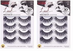 KISS Lash Couture Triple Push-Up False Eyelashes, Bombshell', 14 mm, Includes 4 Pairs Of Lashes, Contact Lens Friendly, Easy to Apply, Reusable Strip Lashes (Pack of 2)