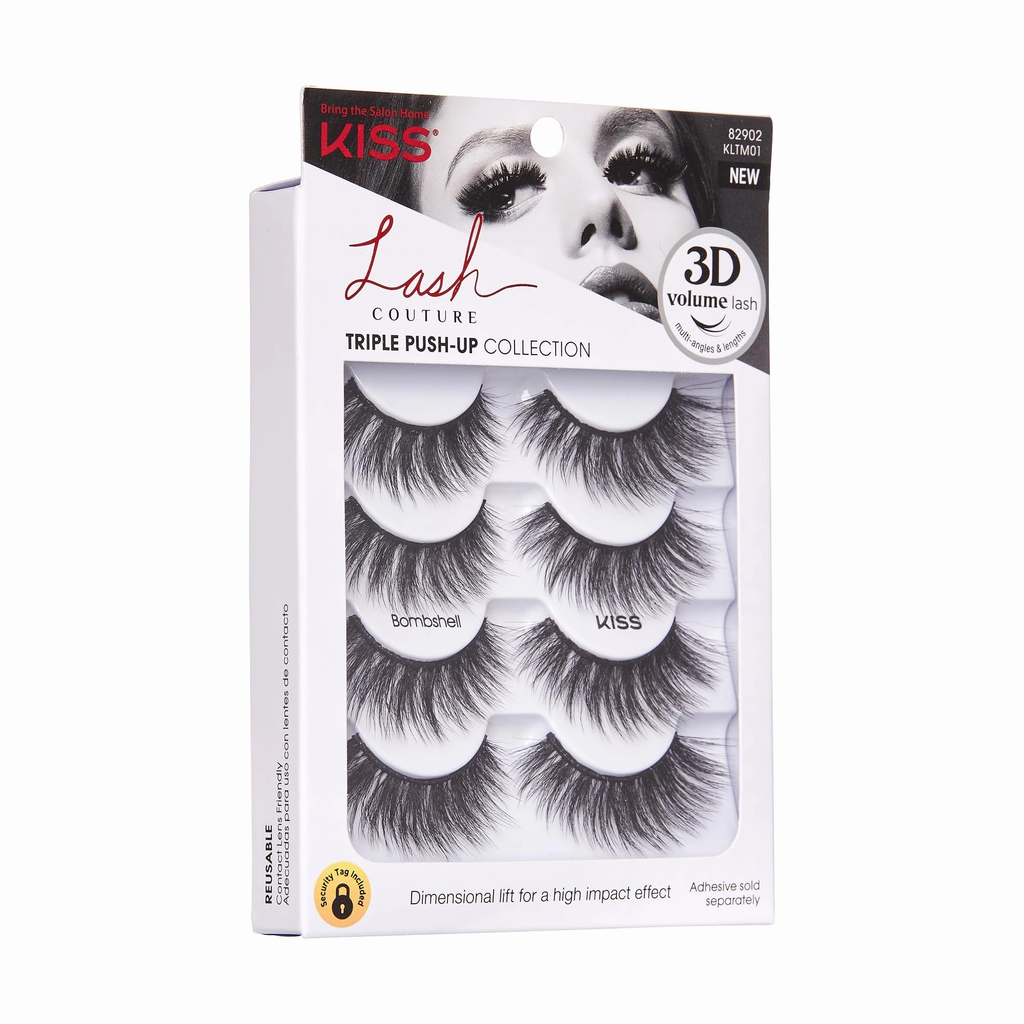 KISS Lash Couture Triple Push-Up False Eyelashes, Bombshell', 14 mm, Includes 4 Pairs Of Lashes, Contact Lens Friendly, Easy to Apply, Reusable Strip Lashes (Pack of 2)