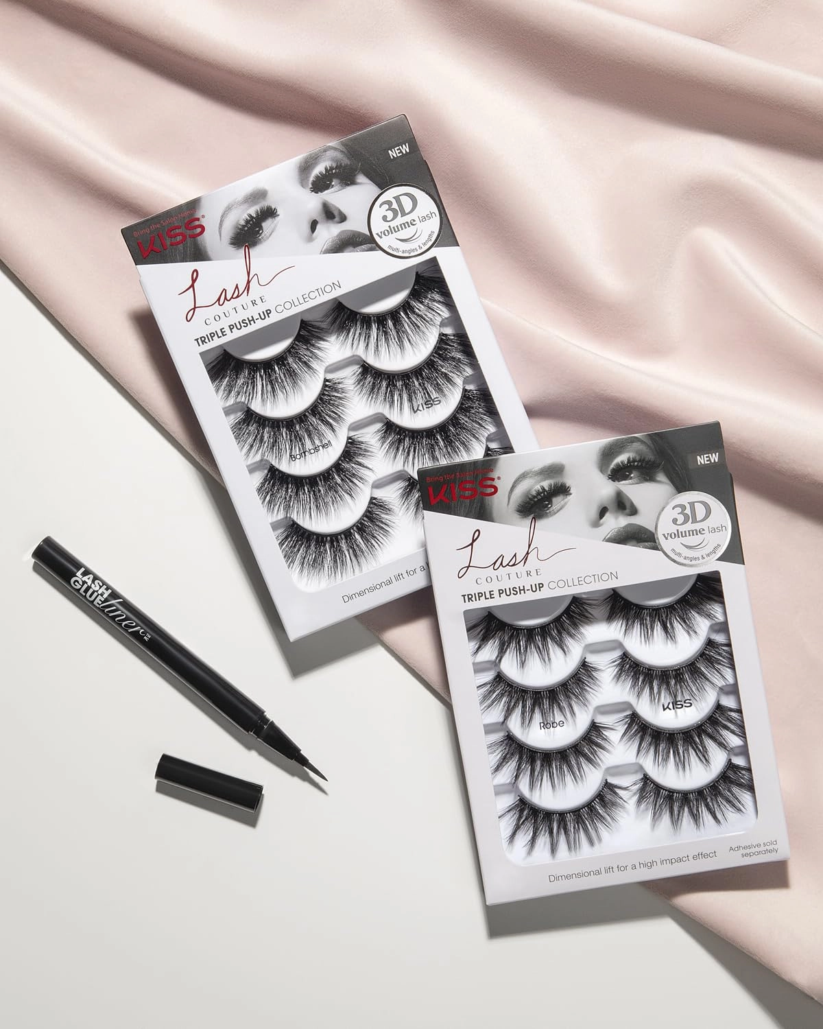 KISS Lash Couture Triple Push-Up False Eyelashes, Bombshell', 14 mm, Includes 4 Pairs Of Lashes, Contact Lens Friendly, Easy to Apply, Reusable Strip Lashes (Pack of 2)