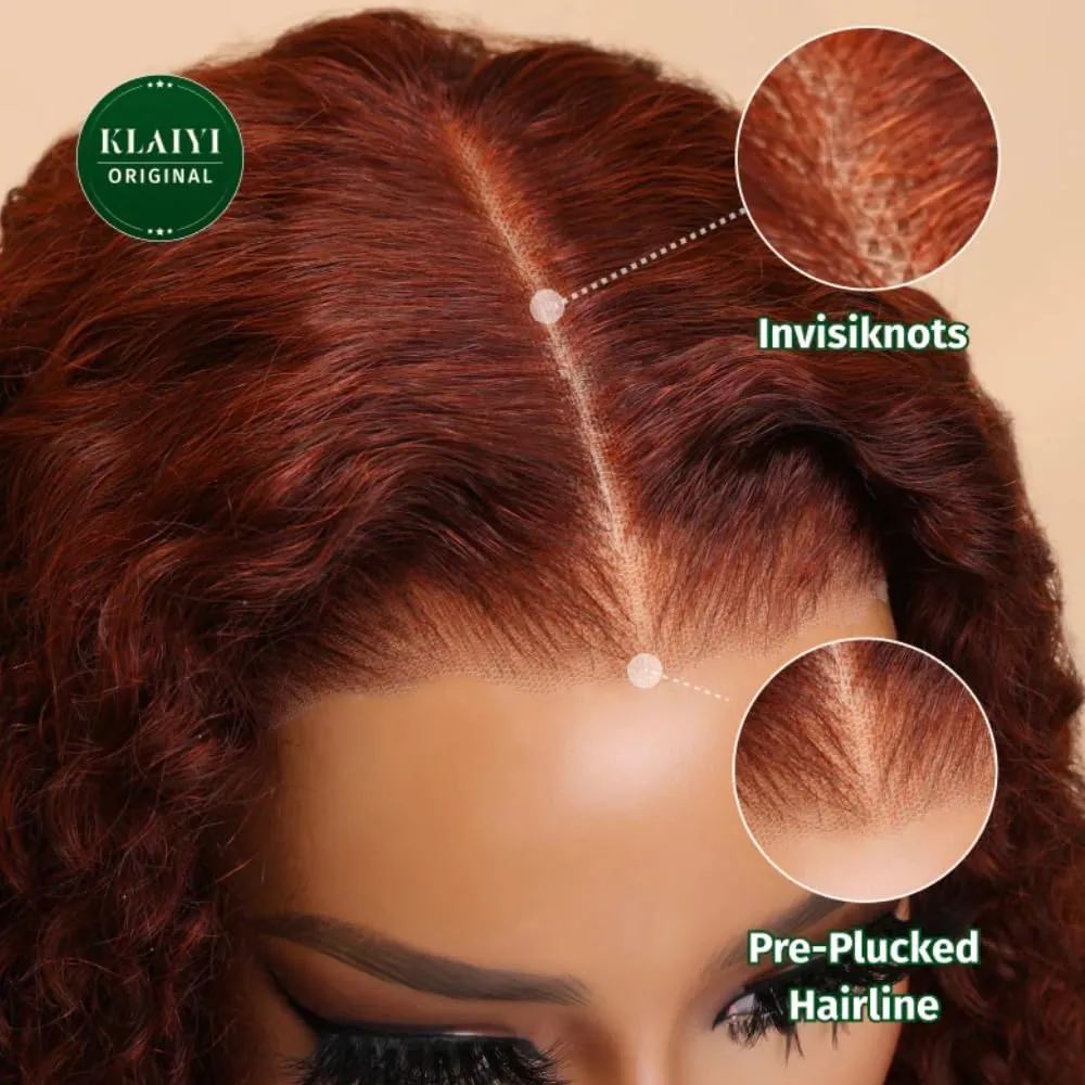 KLAIYI Bye Bye Knots Glueless Wig Reddish Brown Curly Bob Wig Human Hair Pre Cut 7x5 Lace Front Wigs for Women Pre Plucked Pre Bleached Water Wave Easy to Wear Put On and Go Wig Natural Hailine 12Inch