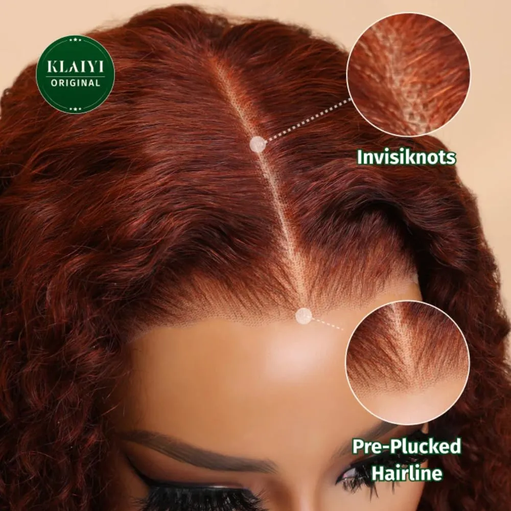 KLAIYI Bye Bye Knots Glueless Wig Reddish Brown Curly Bob Wig Human Hair Pre Cut 7x5 Lace Front Wigs for Women Pre Plucked Pre Bleached Water Wave Easy to Wear Put On and Go Wig Natural Hailine 8Inch