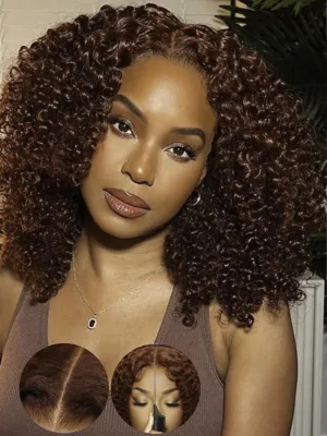 KLAIYI Bye Bye Knots Glueless Wig Reddish Brown Curly Bob Wig Human Hair Pre Cut 7x5 Lace Front Wigs for Women Pre Plucked Pre Bleached Water Wave Easy to Wear Put On and Go Wig Natural Hailine 8Inch