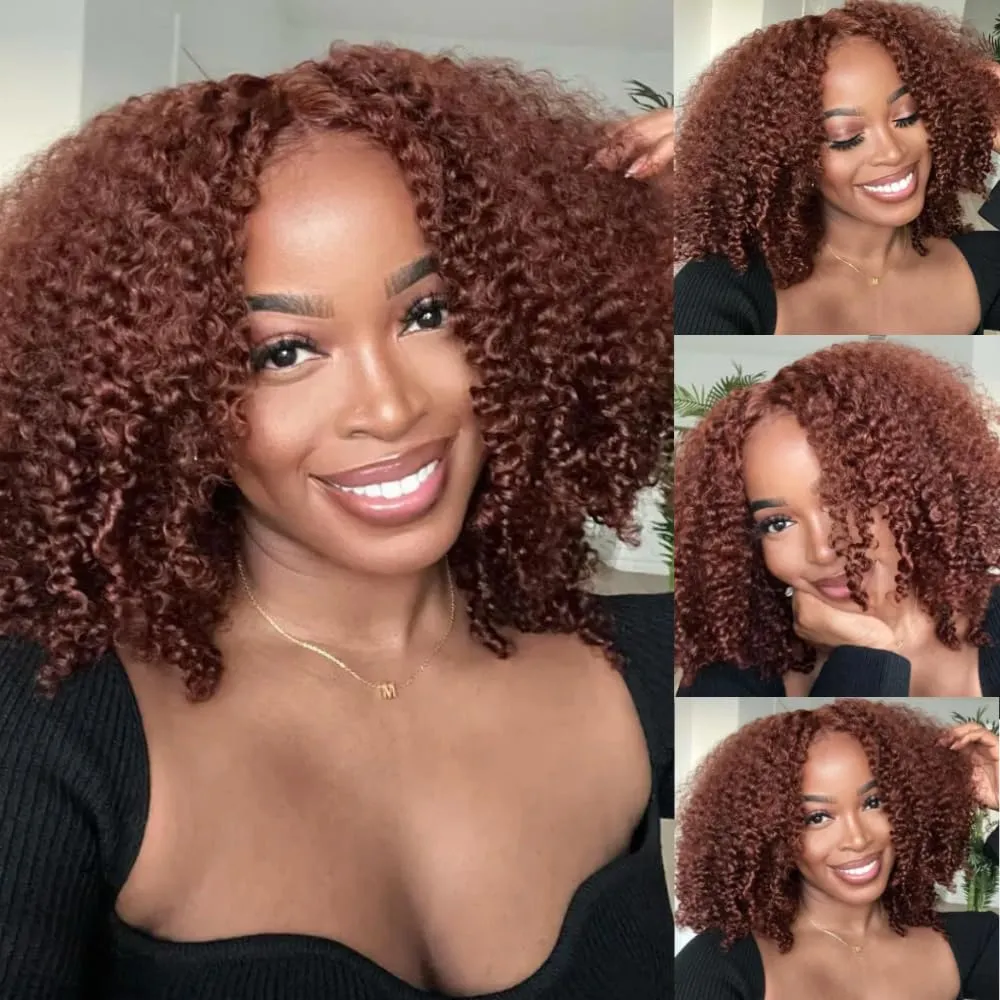 KLAIYI Bye Bye Knots Glueless Wig Reddish Brown Curly Bob Wig Human Hair Pre Cut 7x5 Lace Front Wigs for Women Pre Plucked Pre Bleached Water Wave Easy to Wear Put On and Go Wig Natural Hailine 8Inch