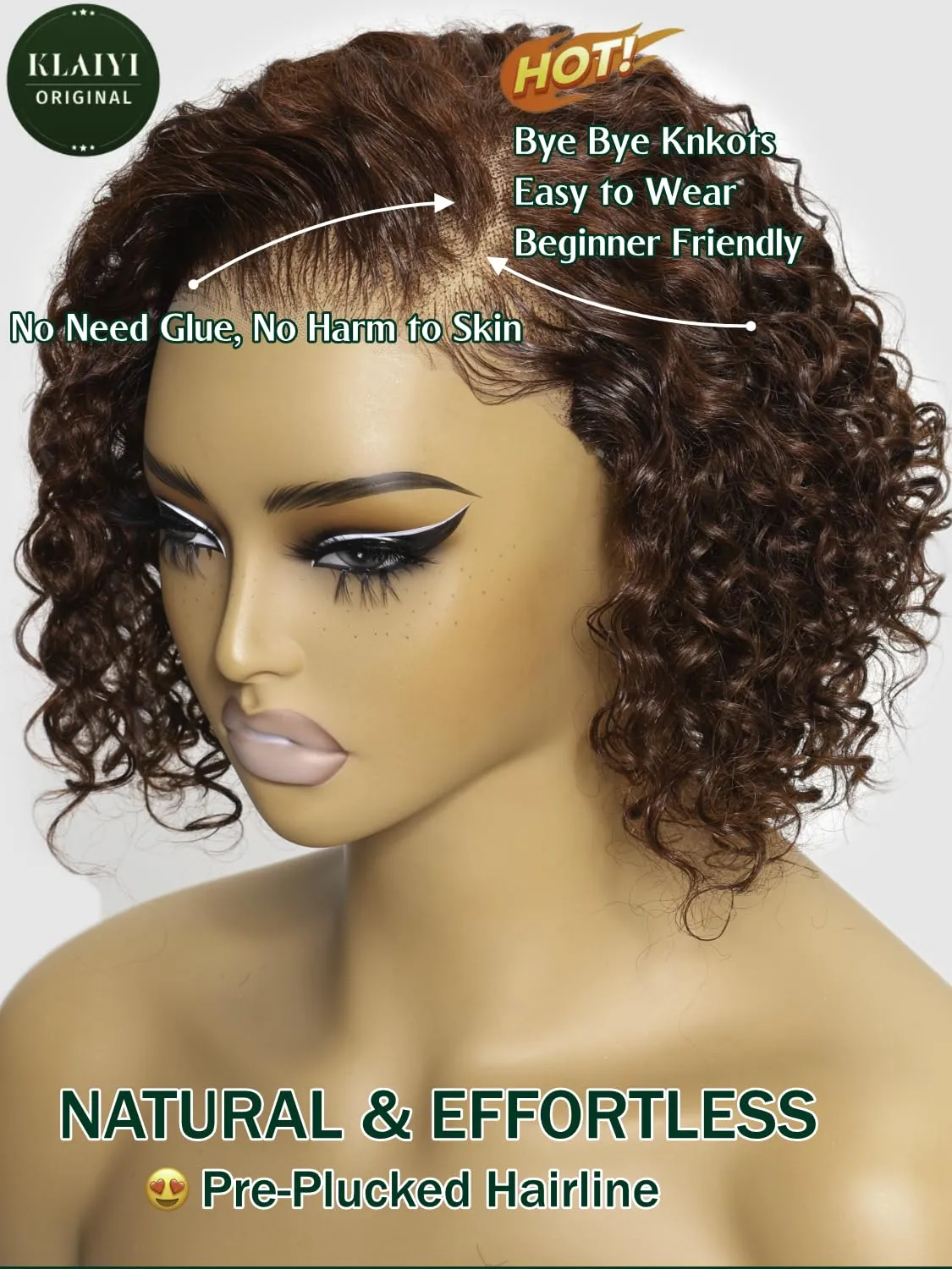 KLAIYI Bye Bye Knots Glueless Wig Reddish Brown Curly Bob Wig Human Hair Pre Cut 7x5 Lace Front Wigs for Women Pre Plucked Pre Bleached Water Wave Easy to Wear Put On and Go Wig Natural Hailine 8Inch