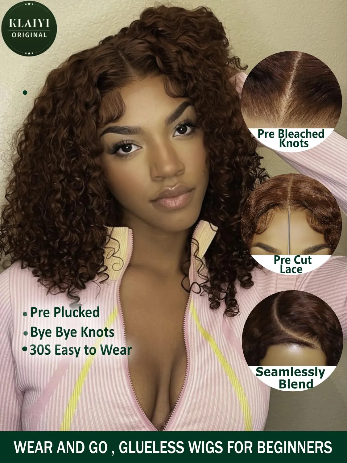 KLAIYI Bye Bye Knots Glueless Wig Reddish Brown Curly Bob Wig Human Hair Pre Cut 7x5 Lace Front Wigs for Women Pre Plucked Pre Bleached Water Wave Easy to Wear Put On and Go Wig Natural Hailine 8Inch