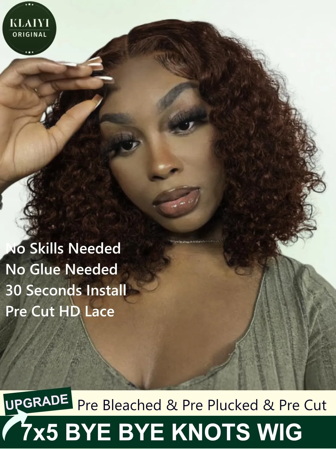 KLAIYI Bye Bye Knots Glueless Wig Reddish Brown Curly Bob Wig Human Hair Pre Cut 7x5 Lace Front Wigs for Women Pre Plucked Pre Bleached Water Wave Easy to Wear Put On and Go Wig Natural Hailine 8Inch
