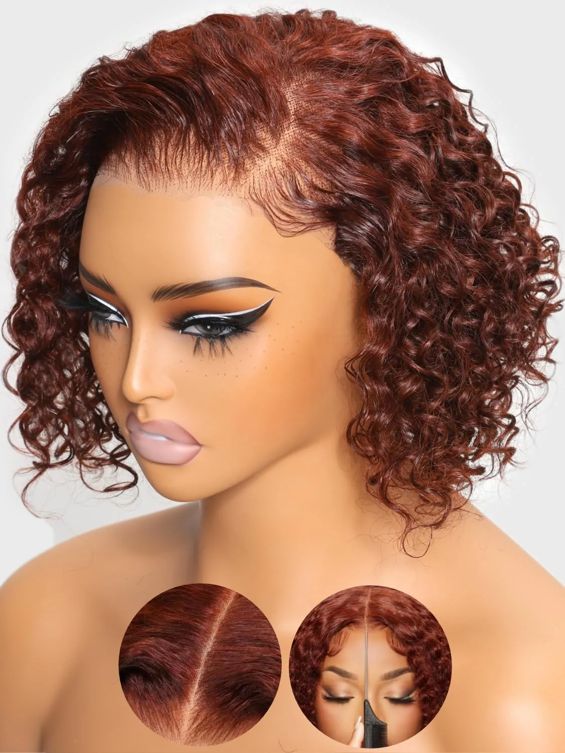 KLAIYI Bye Bye Knots Glueless Wig Reddish Brown Curly Bob Wig Human Hair Pre Cut 7x5 Lace Front Wigs for Women Pre Plucked Pre Bleached Water Wave Easy to Wear Put On and Go Wig Natural Hailine 8Inch