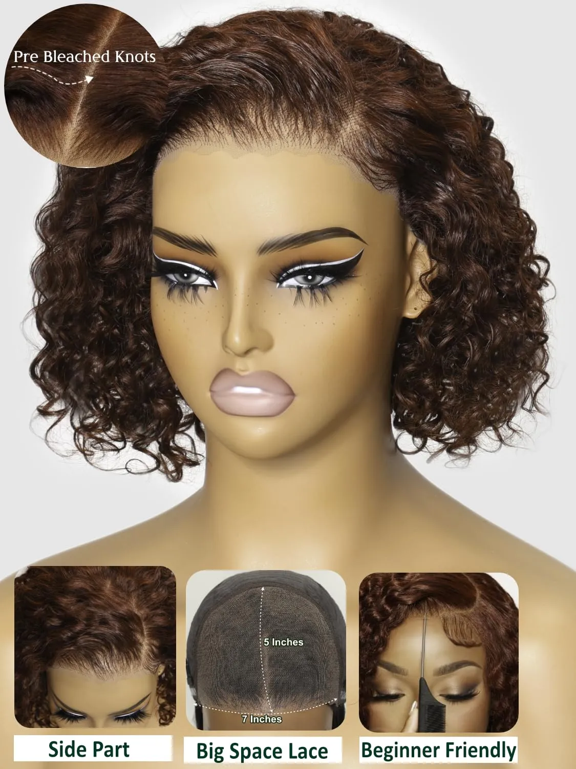 KLAIYI Bye Bye Knots Glueless Wig Reddish Brown Curly Bob Wig Human Hair Pre Cut 7x5 Lace Front Wigs for Women Pre Plucked Pre Bleached Water Wave Easy to Wear Put On and Go Wig Natural Hailine 8Inch