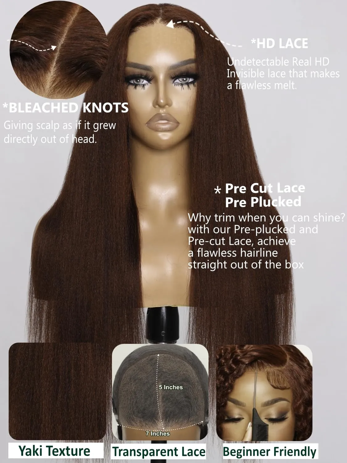 KLAIYI Bye Bye Knots Glueless Wig Reddish Brown Yaki Straight 7x5 Pre Cut Lace Front Wigs Human Hair Put on and Go Wigs for Beginners Pre Bleached Pre Plucked No Glue 30S Easy to Wear Kinky Wig 16Inch