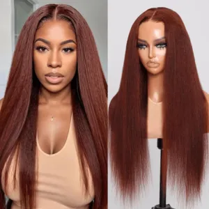 KLAIYI Bye Bye Knots Glueless Wig Reddish Brown Yaki Straight 7x5 Pre Cut Lace Front Wigs Human Hair Put on and Go Wigs for Beginners Pre Bleached Pre Plucked No Glue 30S Easy to Wear Kinky Wig 16Inch