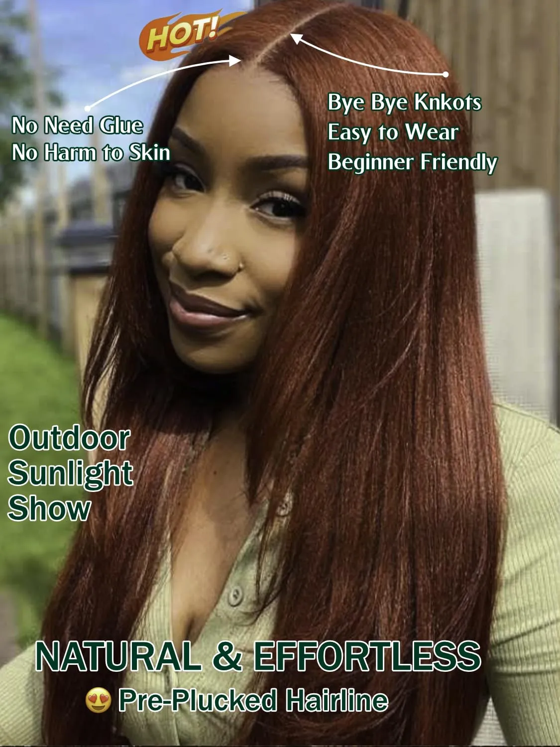 KLAIYI Bye Bye Knots Glueless Wig Reddish Brown Yaki Straight 7x5 Pre Cut Lace Front Wigs Human Hair Put on and Go Wigs for Beginners Pre Bleached Pre Plucked No Glue 30S Easy to Wear Kinky Wig 16Inch