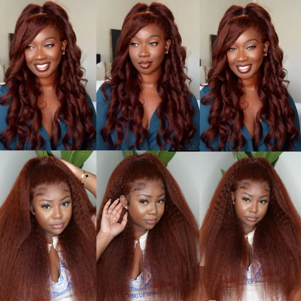 KLAIYI Bye Bye Knots Glueless Wig Reddish Brown Yaki Straight 7x5 Pre Cut Lace Front Wigs Human Hair Put on and Go Wigs for Beginners Pre Bleached Pre Plucked No Glue 30S Easy to Wear Kinky Wig 16Inch