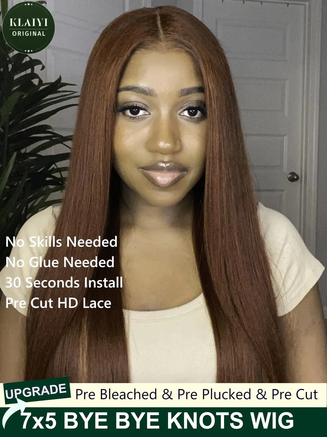 KLAIYI Bye Bye Knots Glueless Wig Reddish Brown Yaki Straight 7x5 Pre Cut Lace Front Wigs Human Hair Put on and Go Wigs for Beginners Pre Bleached Pre Plucked No Glue 30S Easy to Wear Kinky Wig 16Inch