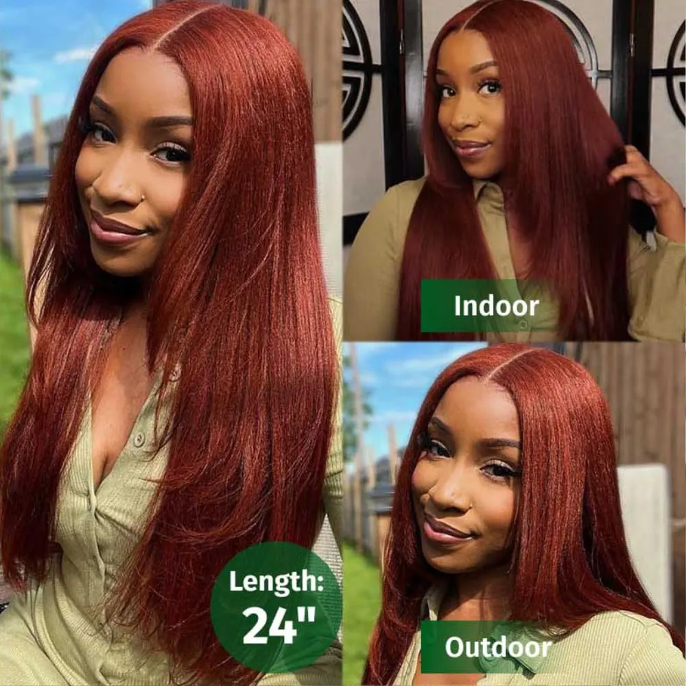 KLAIYI Bye Bye Knots Glueless Wig Reddish Brown Yaki Straight 7x5 Pre Cut Lace Front Wigs Human Hair Put on and Go Wigs for Beginners Pre Bleached Pre Plucked No Glue 30S Easy to Wear Kinky Wig 16Inch